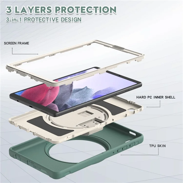 Para Samsung Galaxy Tab A7 Lite 8.7-pulgada T220 / T225 / T225N / T225C 360 ° Kickstand Giratorio PC + TPU Funda De Tableta Con Correa De Mano - Verde Negruzco