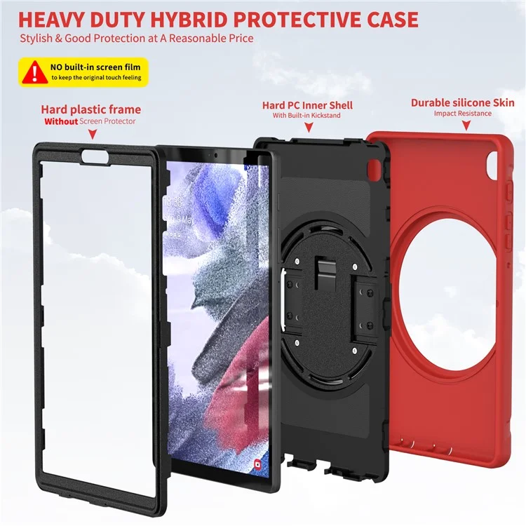 For Samsung Galaxy Tab A7 Lite 8.7-inch T220/T225/T225N/T225C 360° Rotary Kickstand PC + TPU Tablet Case with Hand Strap - Red