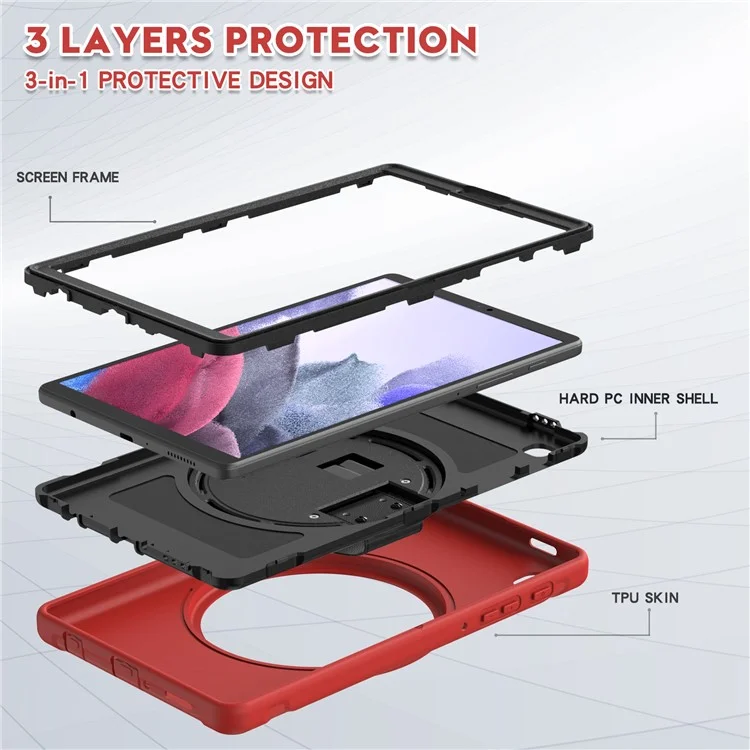 For Samsung Galaxy Tab A7 Lite 8.7-inch T220/T225/T225N/T225C 360° Rotary Kickstand PC + TPU Tablet Case with Hand Strap - Red