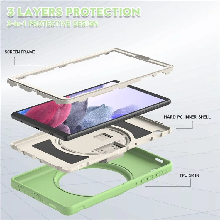 Para Samsung Galaxy Tab A7 Lite 8.7-Polegada T220 / T225 / T225N / T225C 360 ° Rotary Kickstand PC + TPU Tablet Caso Com Alça De Mão - Luz Verde