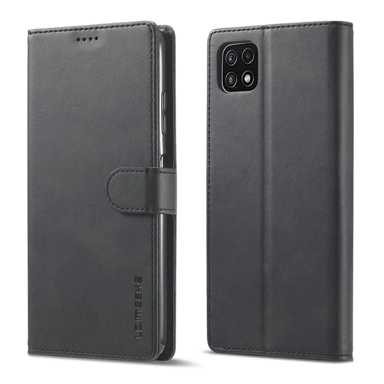 LC.IMEEKE Funda de teléfono de piel con soporte y protección total para Samsung Galaxy A22 5G (versión europea) - Negro