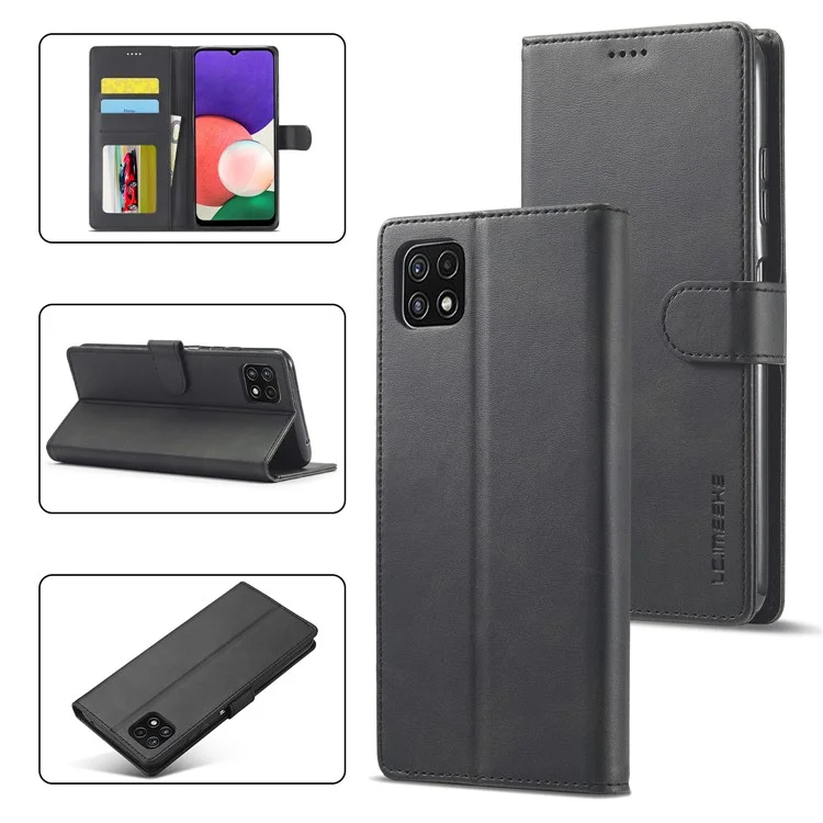 LC.IMEEKE Funda de teléfono de piel con soporte y protección total para Samsung Galaxy A22 5G (versión europea) - Negro
