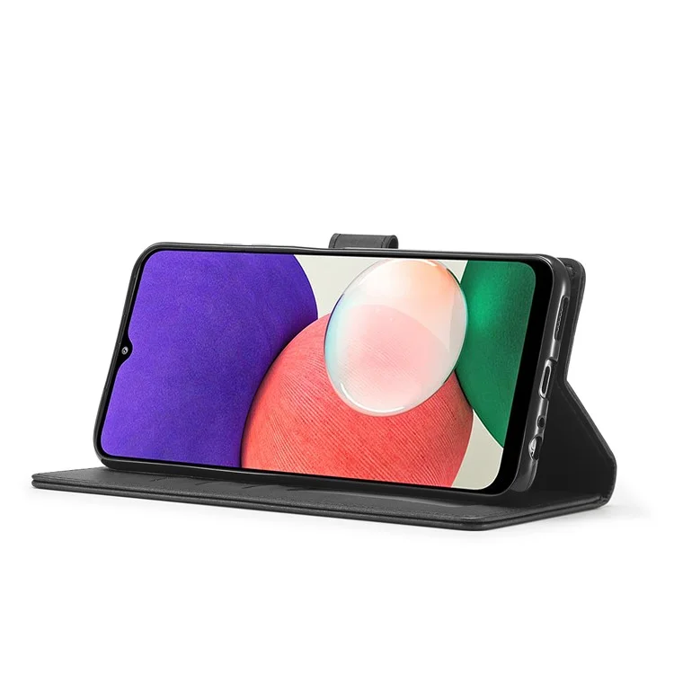 LC.IMEEKE Funda de teléfono de piel con soporte y protección total para Samsung Galaxy A22 5G (versión europea) - Negro