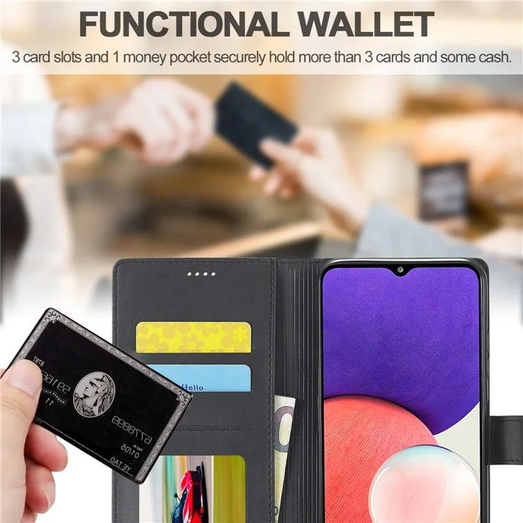 LC.IMEEKE Funda de teléfono de piel con soporte y protección total para Samsung Galaxy A22 5G (versión europea) - Negro