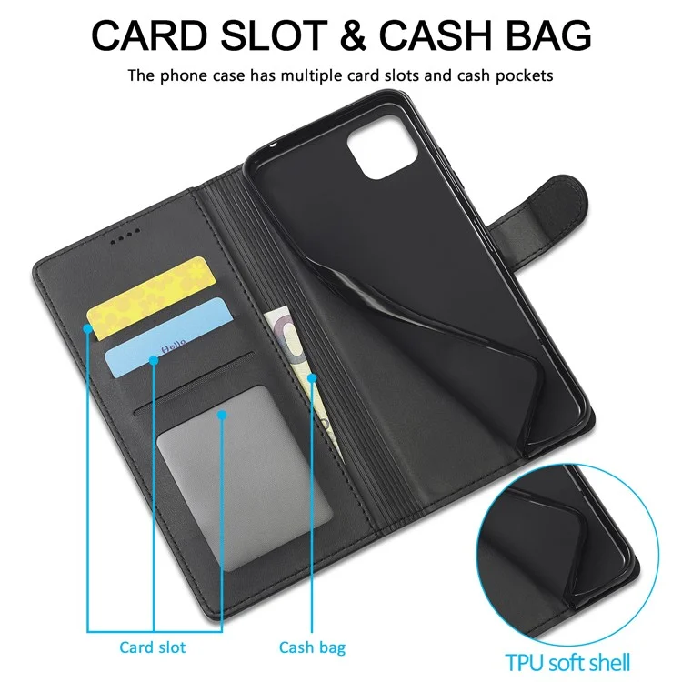 LC.IMEEKE Funda de teléfono de piel con soporte y protección total para Samsung Galaxy A22 5G (versión europea) - Negro