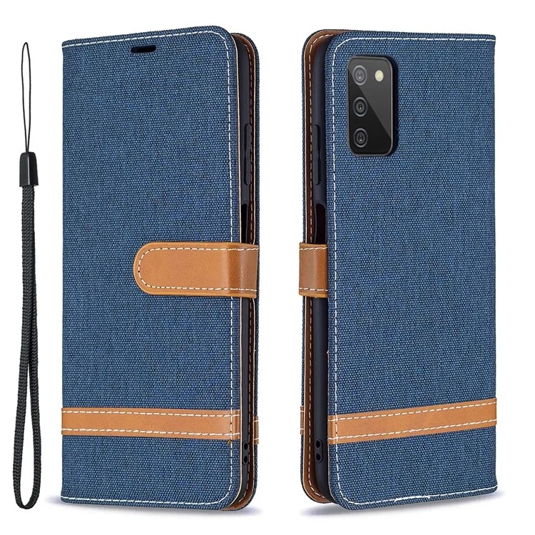 Color Splicing Jeans Cloth Coated Leather Wallet Stand Phone Case for Samsung Galaxy A03s (166.5 x 75.98 x 9.14mm) - Dark Blue