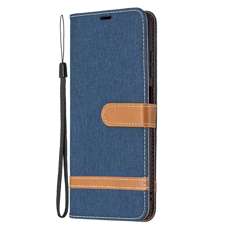 Color Splicing Jeans Cloth Coated Leather Wallet Stand Phone Case for Samsung Galaxy A03s (166.5 x 75.98 x 9.14mm) - Dark Blue