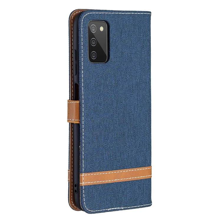 Color Splicing Jeans Cloth Coated Leather Wallet Stand Phone Case for Samsung Galaxy A03s (166.5 x 75.98 x 9.14mm) - Dark Blue