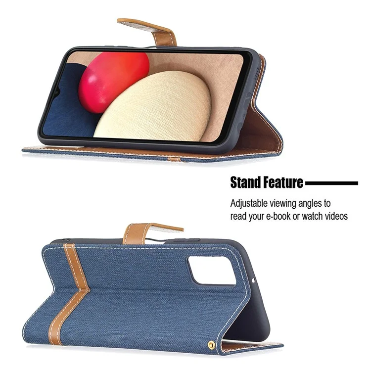 Color Splicing Jeans Cloth Coated Leather Wallet Stand Phone Case for Samsung Galaxy A03s (166.5 x 75.98 x 9.14mm) - Dark Blue