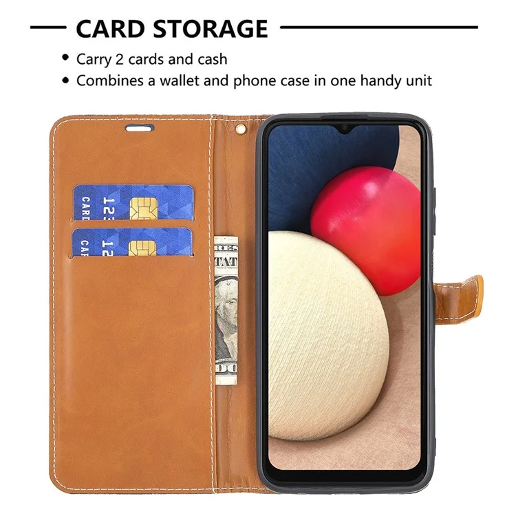 Color Splicing Jeans Cloth Coated Leather Wallet Stand Phone Case for Samsung Galaxy A03s (166.5 x 75.98 x 9.14mm) - Dark Blue