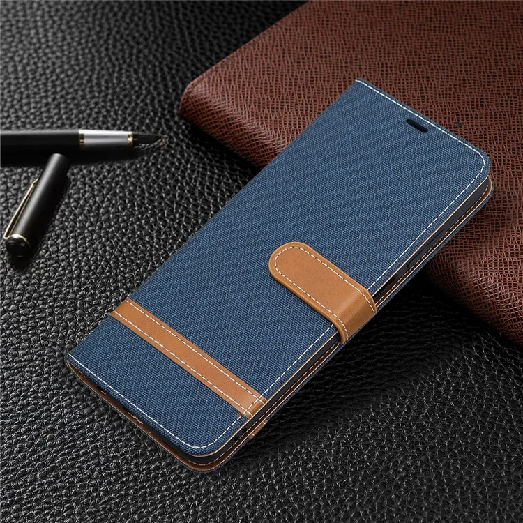 Color Splicing Jeans Cloth Coated Leather Wallet Stand Phone Case for Samsung Galaxy A03s (166.5 x 75.98 x 9.14mm) - Dark Blue