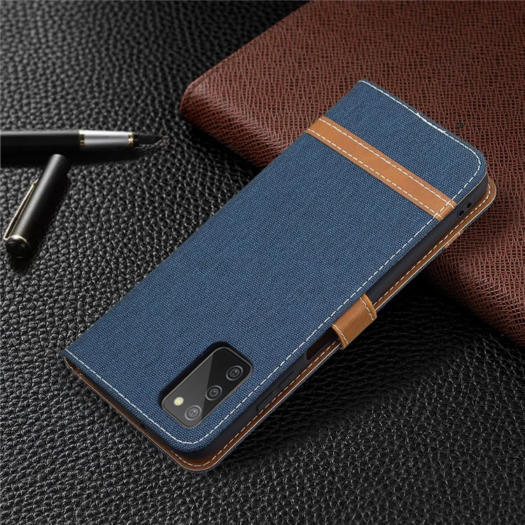 Color Splicing Jeans Cloth Coated Leather Wallet Stand Phone Case for Samsung Galaxy A03s (166.5 x 75.98 x 9.14mm) - Dark Blue