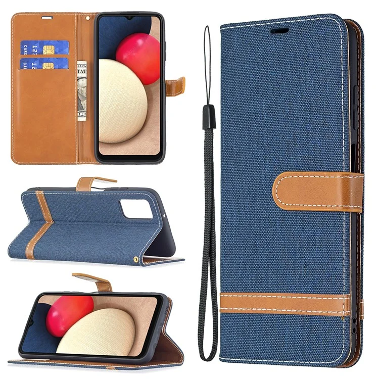 Color Splicing Jeans Cloth Coated Leather Wallet Stand Phone Case for Samsung Galaxy A03s (166.5 x 75.98 x 9.14mm) - Dark Blue