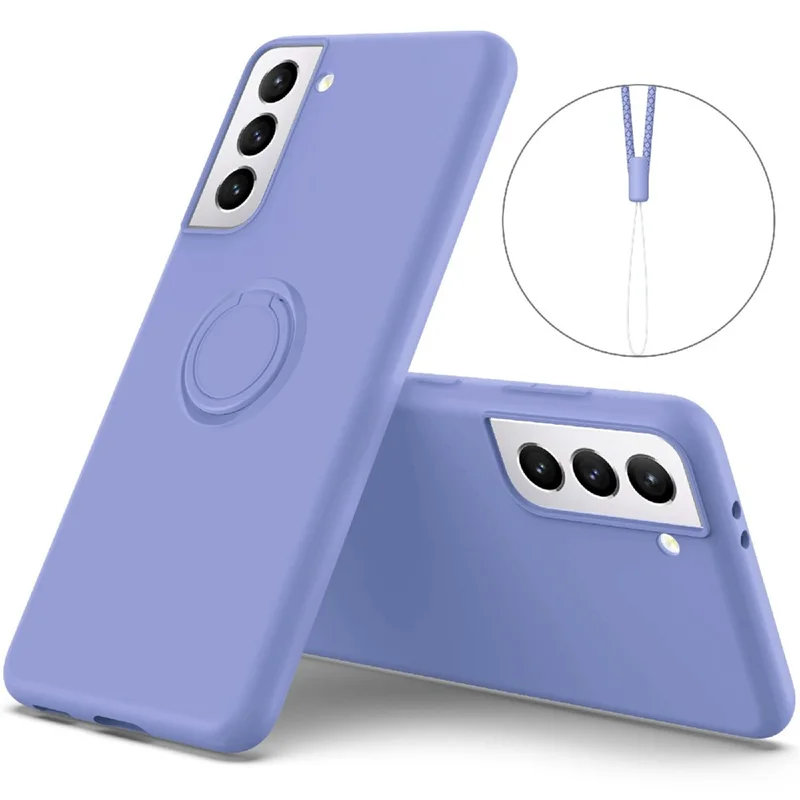 Solid Color Liquid Silicone Phone Protective Shell with Strap and Kickstand for Samsung Galaxy S21 5G/4G - Purple