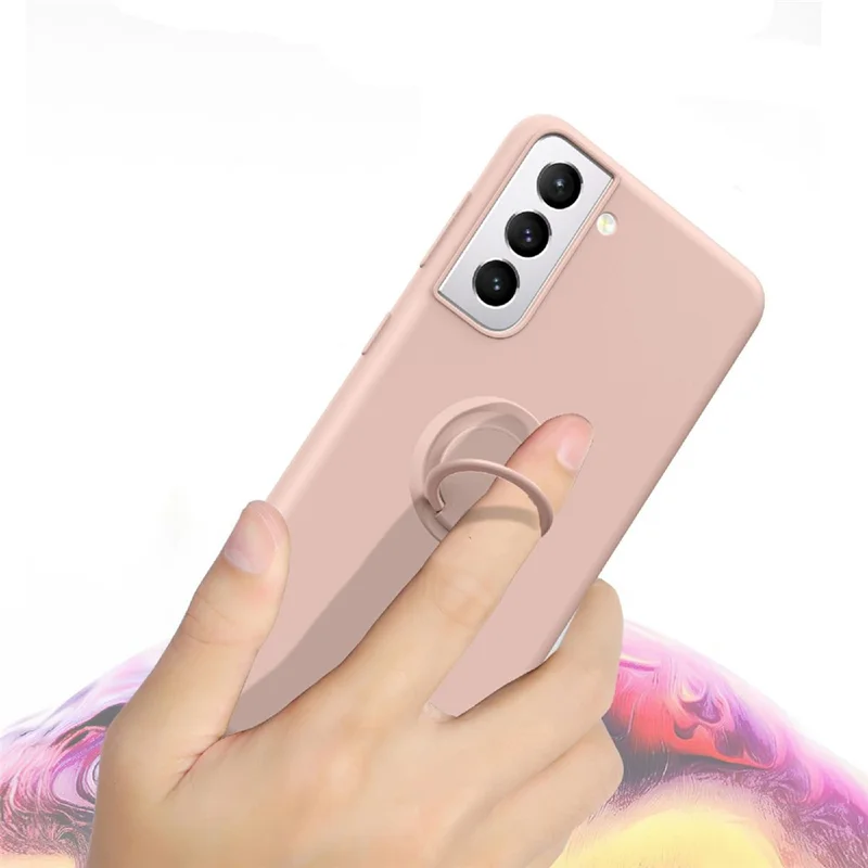 Solid Color Liquid Silicone Phone Protective Shell with Strap and Kickstand for Samsung Galaxy S21 5G/4G - Purple