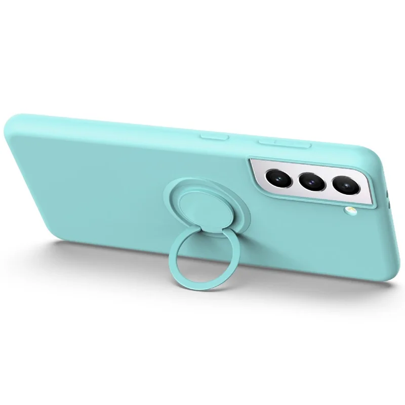 Liquid Silicone Ring Kickstand Design Phone Protective Shell with Strap for Samsung Galaxy S21+ 5G - Black