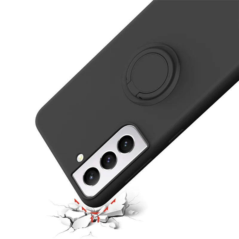 Liquid Silicone Ring Kickstand Design Phone Protective Shell with Strap for Samsung Galaxy S21+ 5G - Black