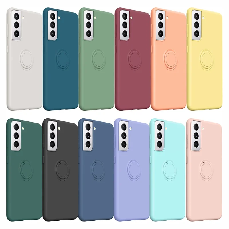 Liquid Silicone Ring Kickstand Design Phone Protective Shell with Strap for Samsung Galaxy S21+ 5G - Black