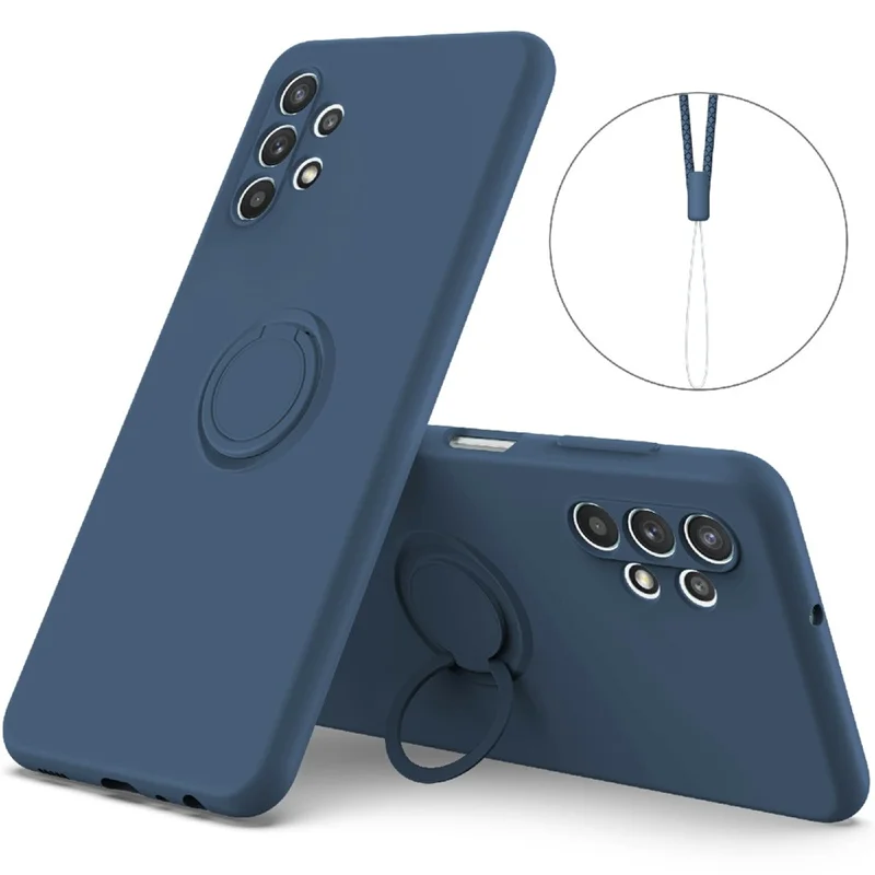 Ring Kickstand Design Plain Liquid Silicone Phone Protective Shell with Strap for Samsung Galaxy A32 4G (EU Version) - Midnight Blue