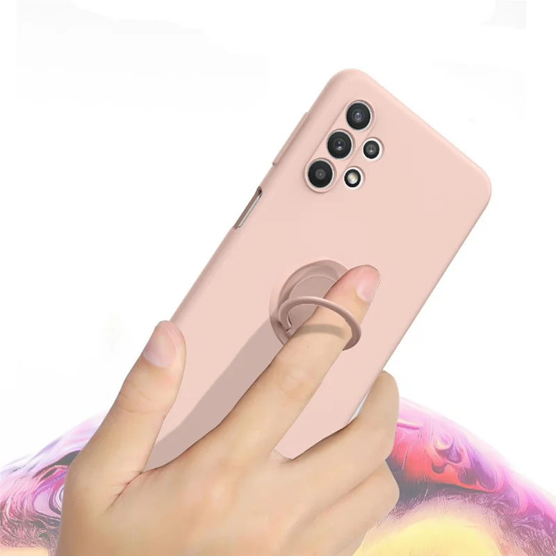 Ring Kickstand Design Plain Liquid Silicone Phone Protective Shell with Strap for Samsung Galaxy A32 4G (EU Version) - Midnight Blue