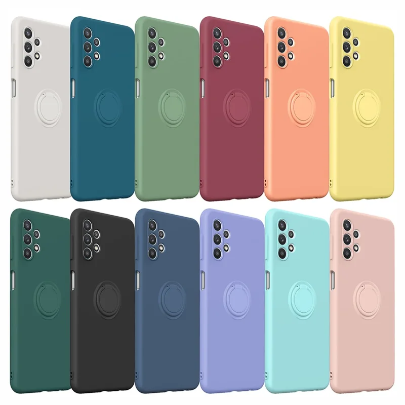 Ring Kickstand Design Plain Liquid Silicone Phone Protective Shell with Strap for Samsung Galaxy A32 4G (EU Version) - Midnight Blue