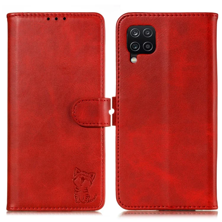 Imprint Happy Cat PU Protective Leather Wallet Stand Phone Casing for Samsung Galaxy A12 - Red