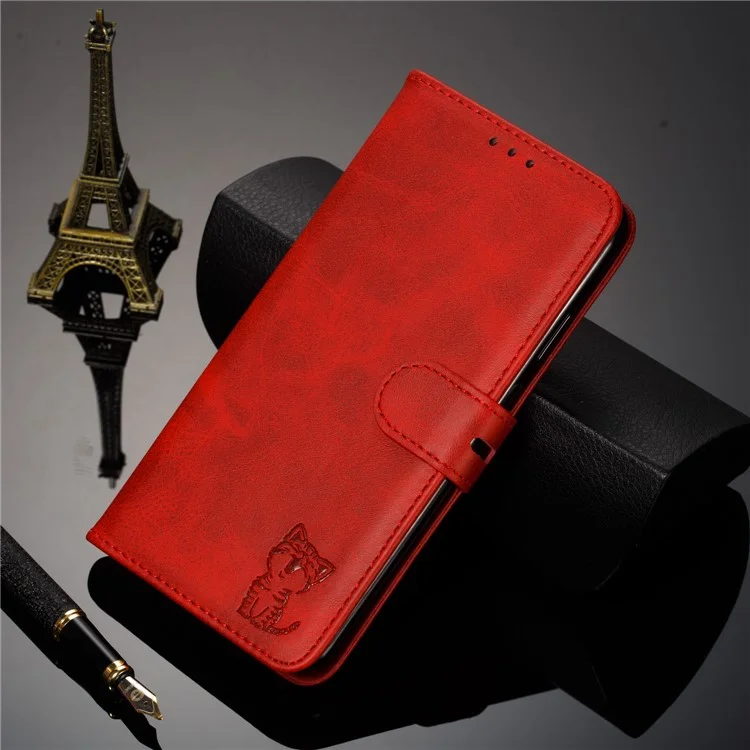 Imprint Happy Cat PU Protective Leather Wallet Stand Phone Casing for Samsung Galaxy A12 - Red