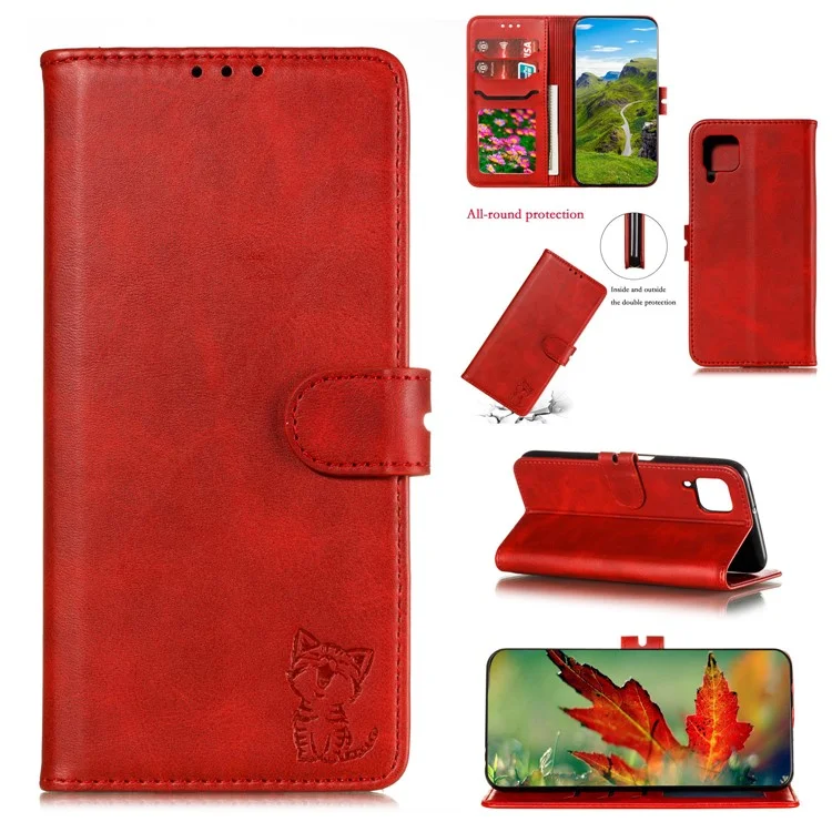 Imprint Happy Cat PU Protective Leather Wallet Stand Phone Casing for Samsung Galaxy A12 - Red