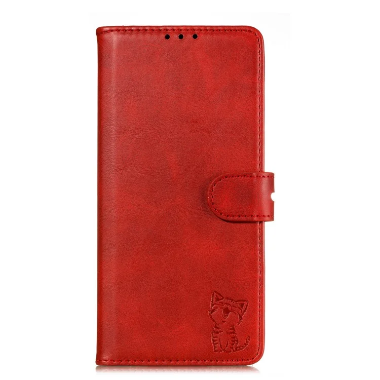 Imprint Happy Cat PU Protective Leather Wallet Stand Phone Casing for Samsung Galaxy A12 - Red