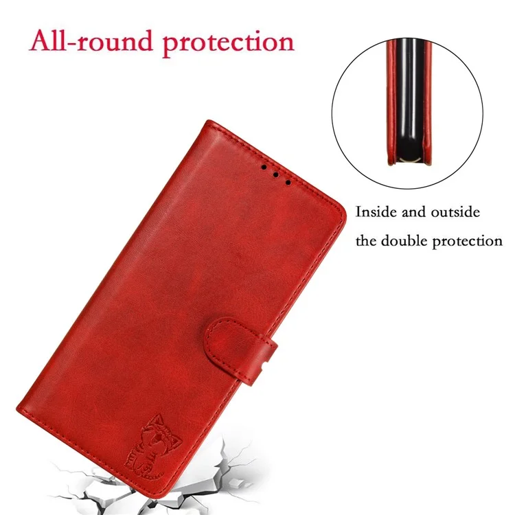 Imprint Happy Cat PU Protective Leather Wallet Stand Phone Casing for Samsung Galaxy A12 - Red