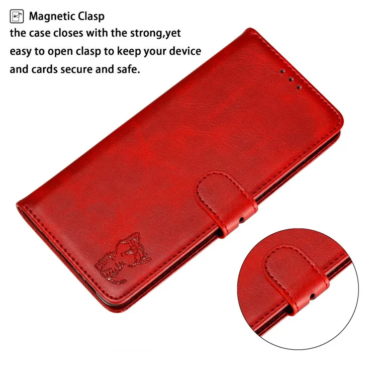 Imprint Happy Cat PU Protective Leather Wallet Stand Phone Casing for Samsung Galaxy A12 - Red
