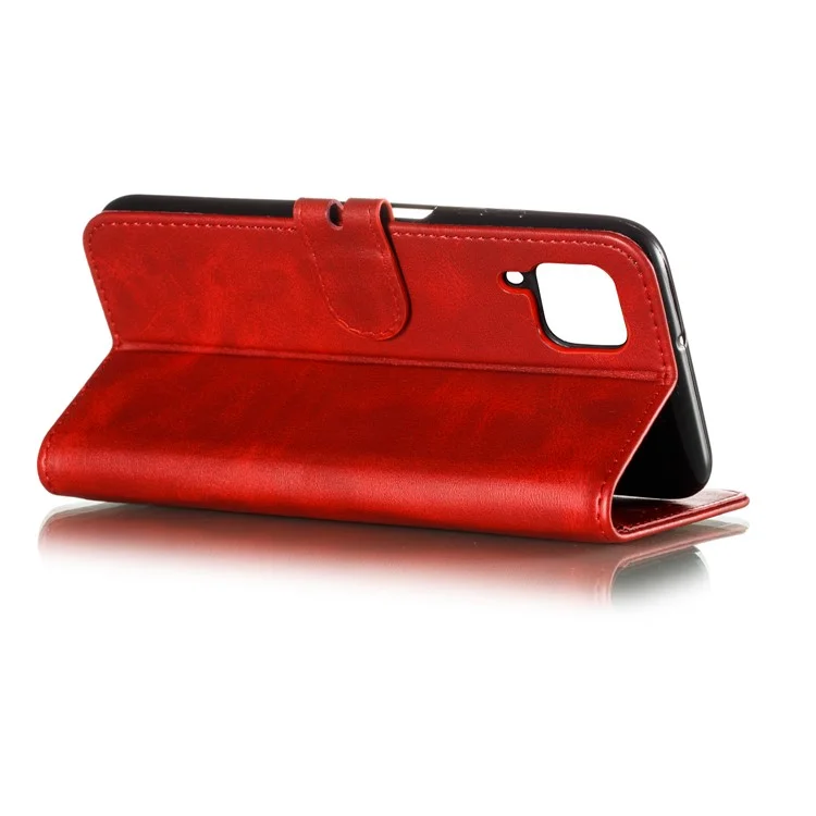 Imprint Happy Cat PU Protective Leather Wallet Stand Phone Casing for Samsung Galaxy A12 - Red