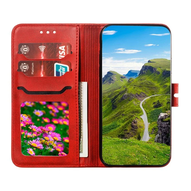 Imprint Happy Cat PU Protective Leather Wallet Stand Phone Casing for Samsung Galaxy A12 - Red