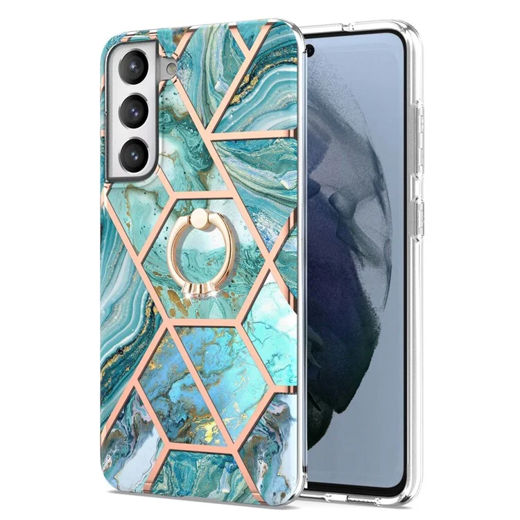 IMD IML Plating Marble Pattern TPU Case with Finger Ring Kickstand (2.0mm) for Samsung Galaxy S21 FE/S21 Fan Edition - Blue