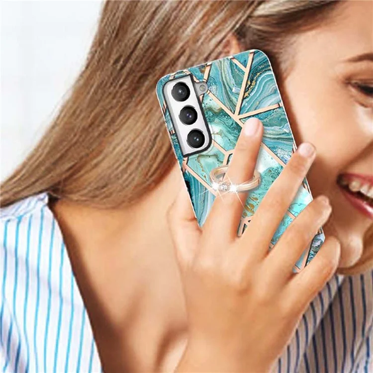 IMD IML Plating Marble Pattern TPU Case with Finger Ring Kickstand (2.0mm) for Samsung Galaxy S21 FE/S21 Fan Edition - Blue