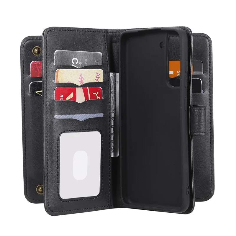 For Samsung Galaxy S21 FE / S21 Fan Edition Leather Case with 10 Card Holder Phone Cover Stand - Black
