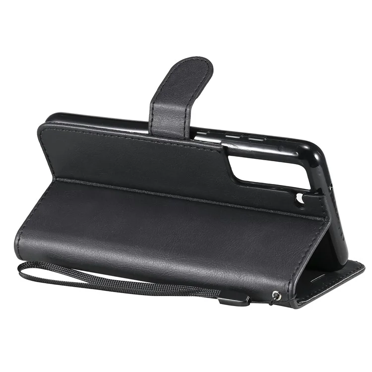 KT Leather Series-2 Diseño de Billetera Protección Completa de Cuero Liso Soporte Con Correa Para Samsung Galaxy S21 fe - Negro