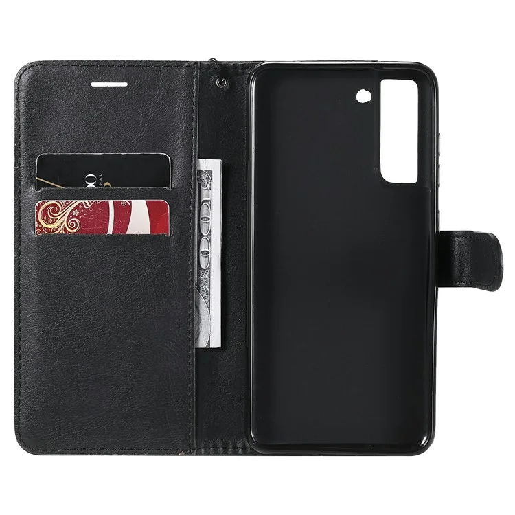 KT Leather Series-2 Diseño de Billetera Protección Completa de Cuero Liso Soporte Con Correa Para Samsung Galaxy S21 fe - Negro