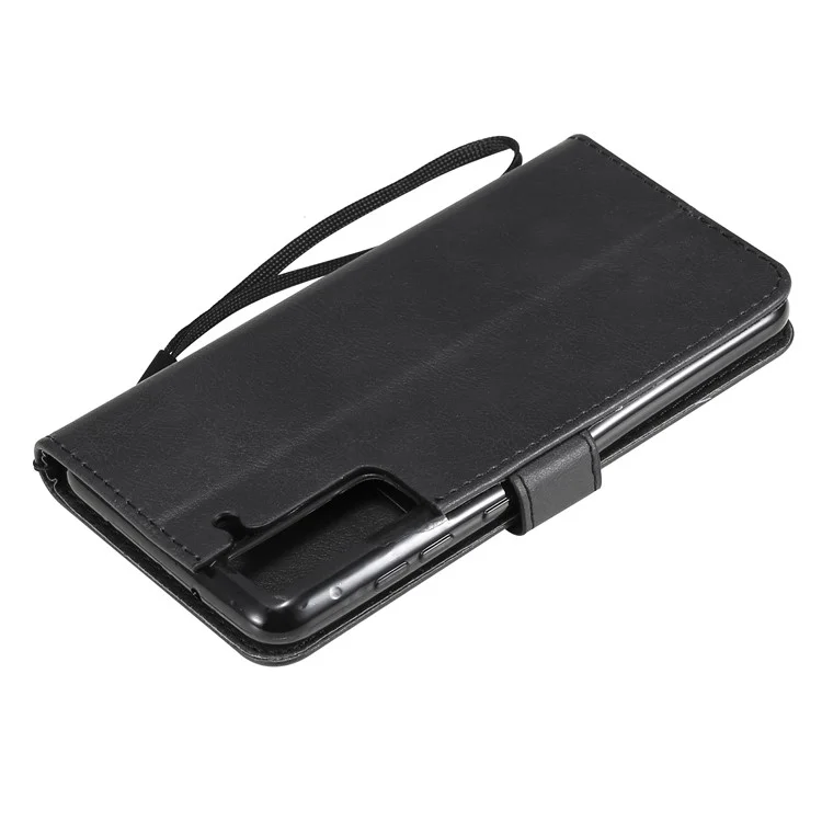 KT Leather Series-2 Diseño de Billetera Protección Completa de Cuero Liso Soporte Con Correa Para Samsung Galaxy S21 fe - Negro