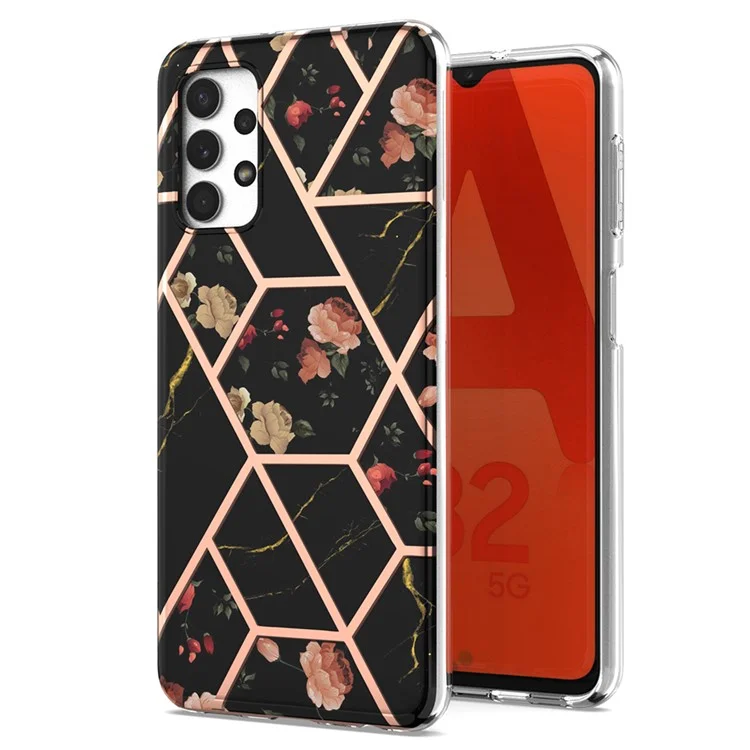 Flower Pattern 2.0mm IMD IML Electroplating Marble Cover Shell TPU Phone Case for Samsung Galaxy A32 5G/M32 5G - Black Marble/Flower