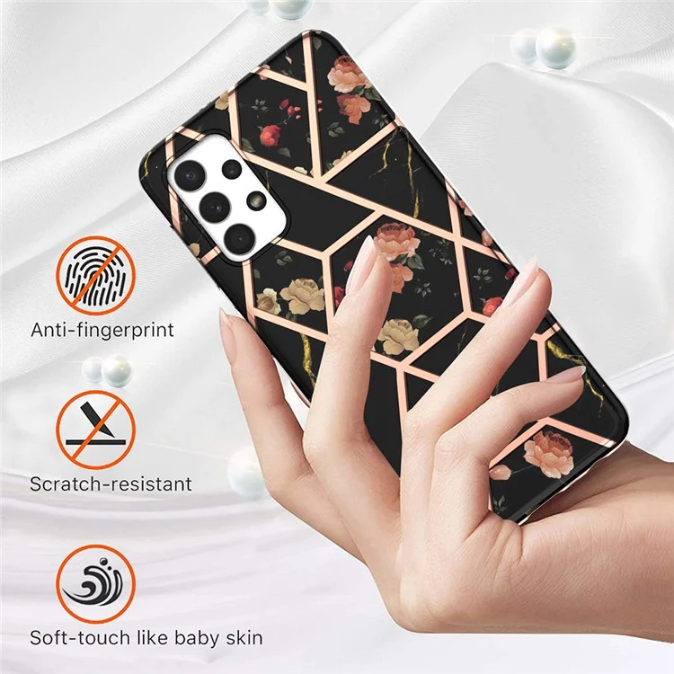 Flower Pattern 2.0mm IMD IML Electroplating Marble Cover Shell TPU Phone Case for Samsung Galaxy A32 5G/M32 5G - Black Marble/Flower