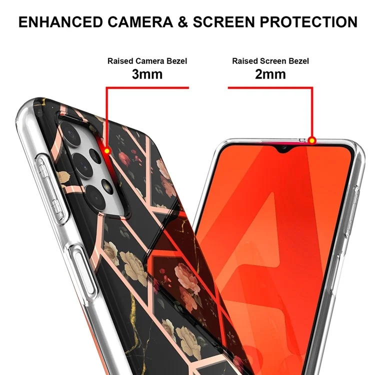 Flower Pattern 2.0mm IMD IML Electroplating Marble Cover Shell TPU Phone Case for Samsung Galaxy A32 5G/M32 5G - Black Marble/Flower