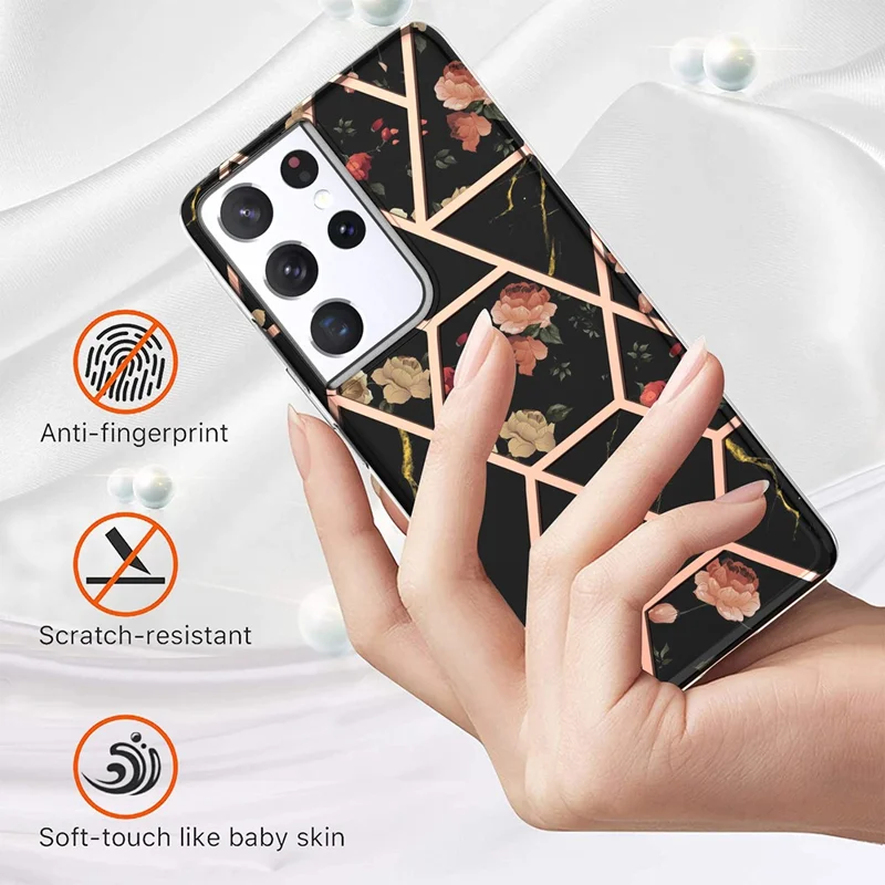 2,0 mm IMD IML elektropladeret marmor TPU telefonbagdæksel med blomstermønster til Samsung Galaxy S21 Ultra 5G - Sort marmor/Blomster