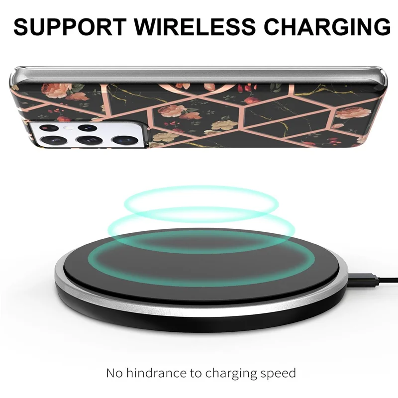2,0 mm IMD IML elektropladeret marmor TPU telefonbagdæksel med blomstermønster til Samsung Galaxy S21 Ultra 5G - Sort marmor/Blomster