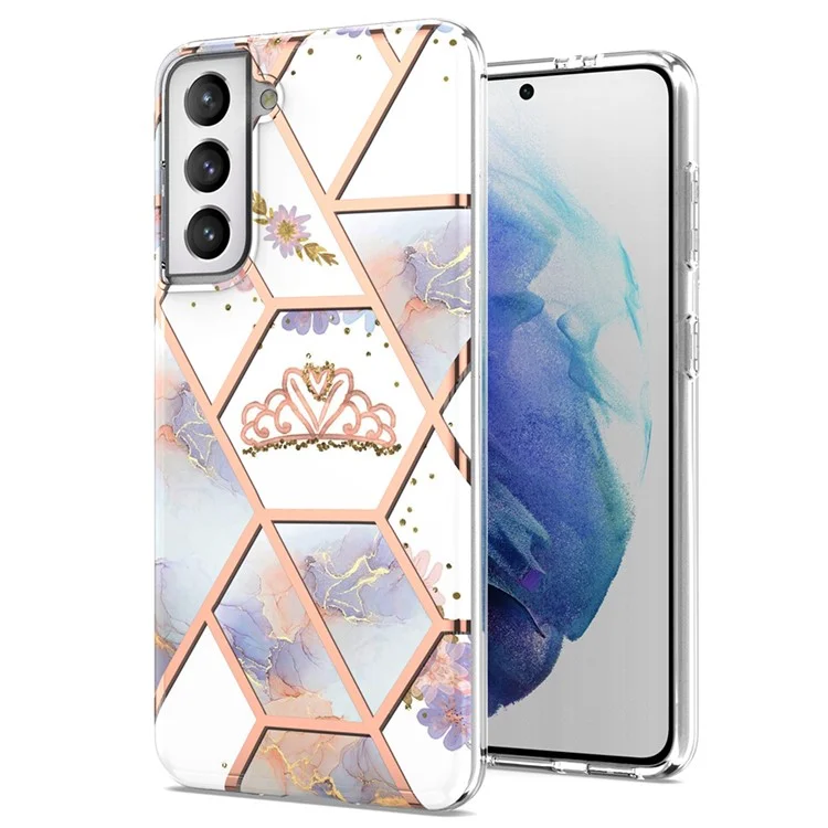 Soft TPU 2.0mm IMD IML Electroplating Marble Phone Case with Flower Pattern for Samsung Galaxy S21+ 5G - Marble/Crown