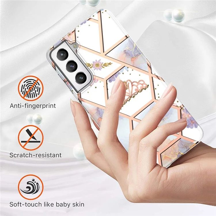 Soft TPU 2.0mm IMD IML Electroplating Marble Phone Case with Flower Pattern for Samsung Galaxy S21+ 5G - Marble/Crown