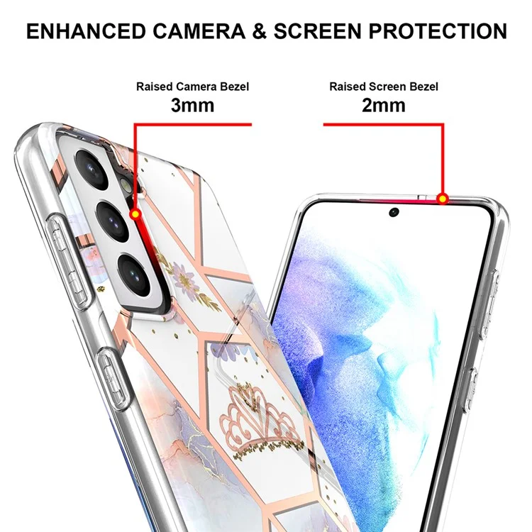 Soft TPU 2.0mm IMD IML Electroplating Marble Phone Case with Flower Pattern for Samsung Galaxy S21+ 5G - Marble/Crown