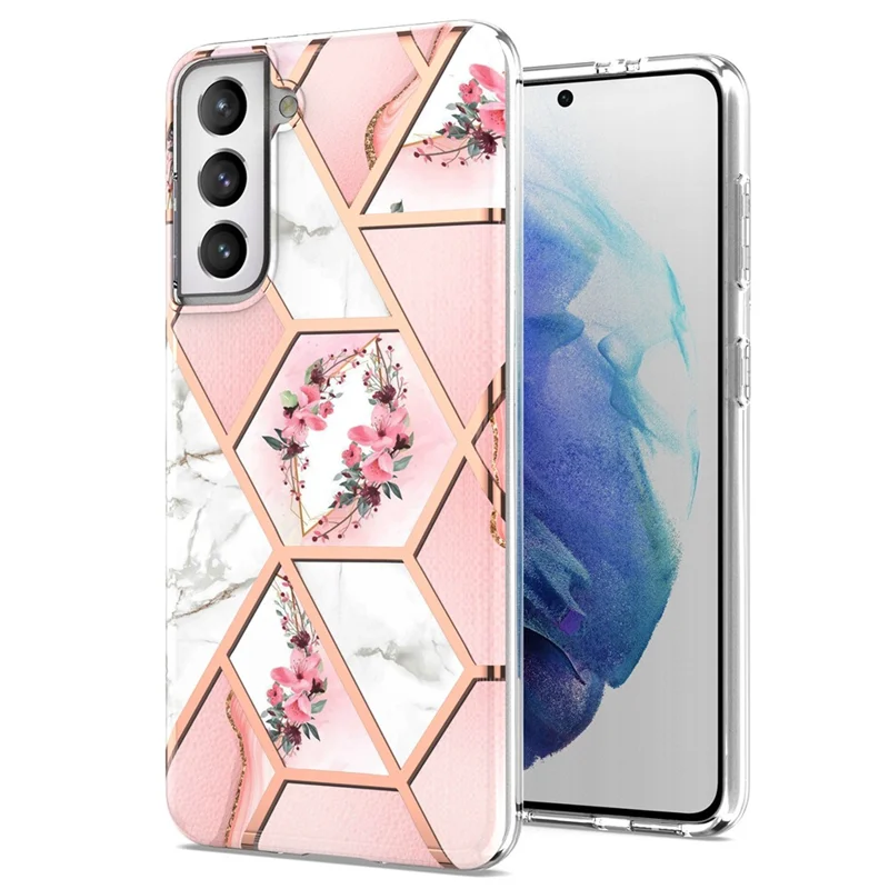 Soft TPU 2.0mm IMD IML Electroplating Marble Phone Case with Flower Pattern for Samsung Galaxy S21+ 5G - Pink Marble/Flower