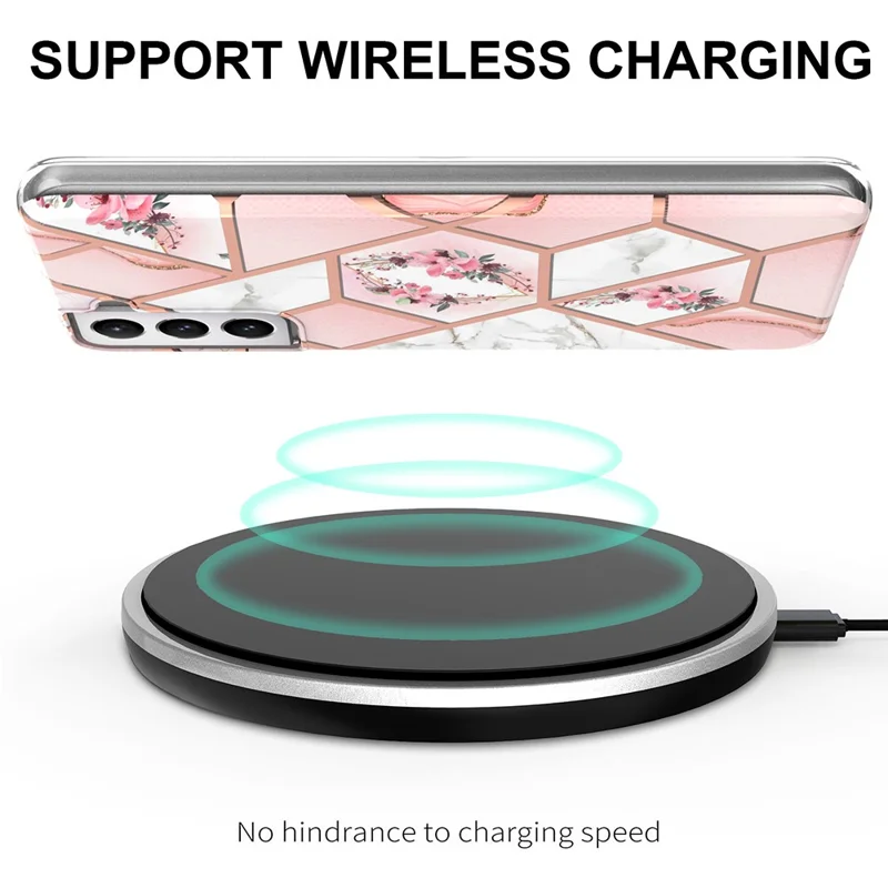 Soft TPU 2.0mm IMD IML Electroplating Marble Phone Case with Flower Pattern for Samsung Galaxy S21+ 5G - Pink Marble/Flower