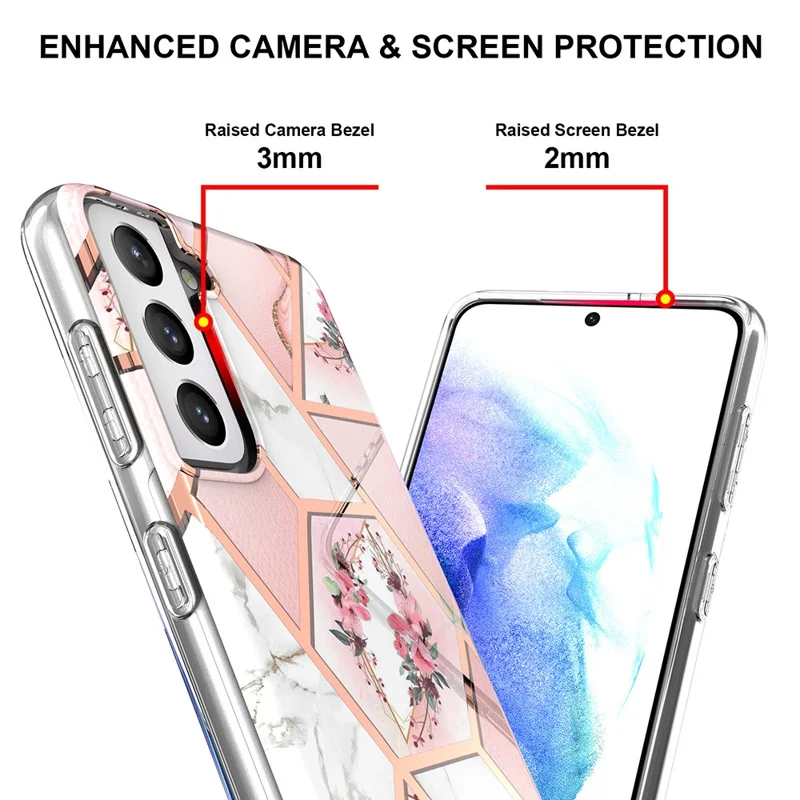 Soft TPU 2.0mm IMD IML Electroplating Marble Phone Case with Flower Pattern for Samsung Galaxy S21+ 5G - Pink Marble/Flower